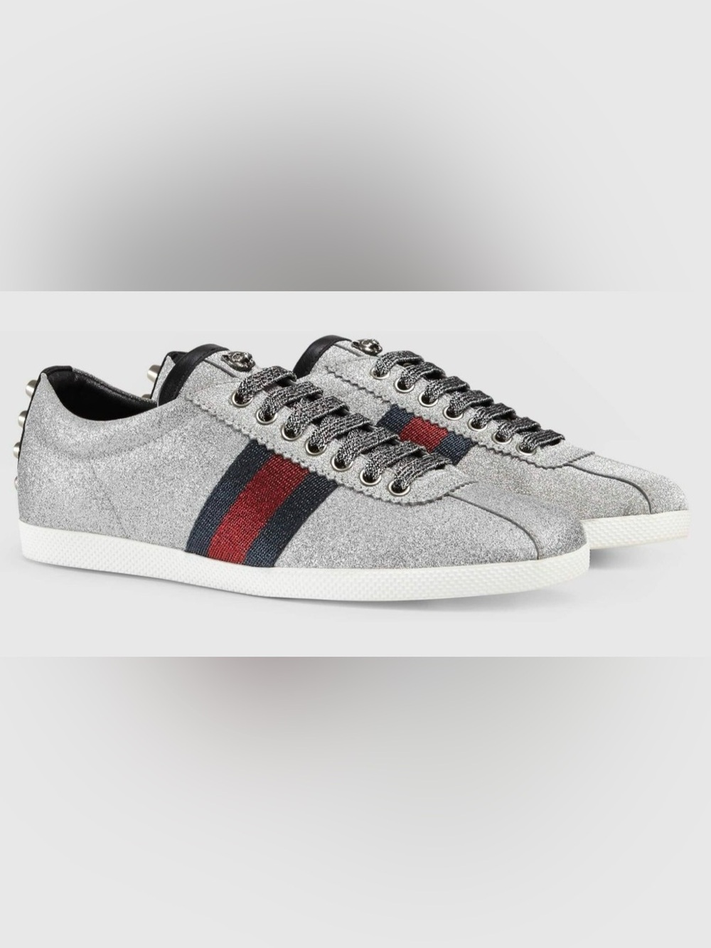 Gucci Silver Glitter Sneakers with Red & Navy Web